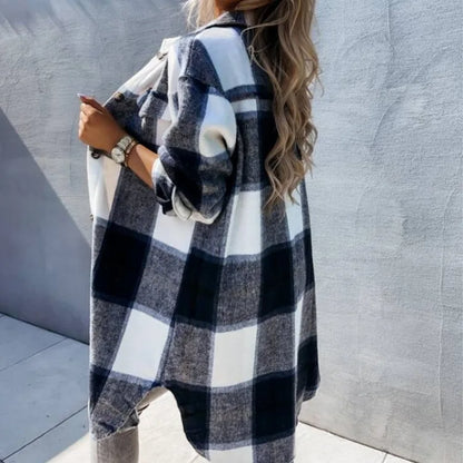 Versatile Mid-Length Plaid Long-Sleeved Jacket