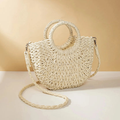 Handwoven Straw Half-Moon Beach Handbag Crossbody Shoulder Bag