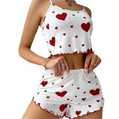 Heart-Shaped Print Round Neck Two-Piece Pajama Set