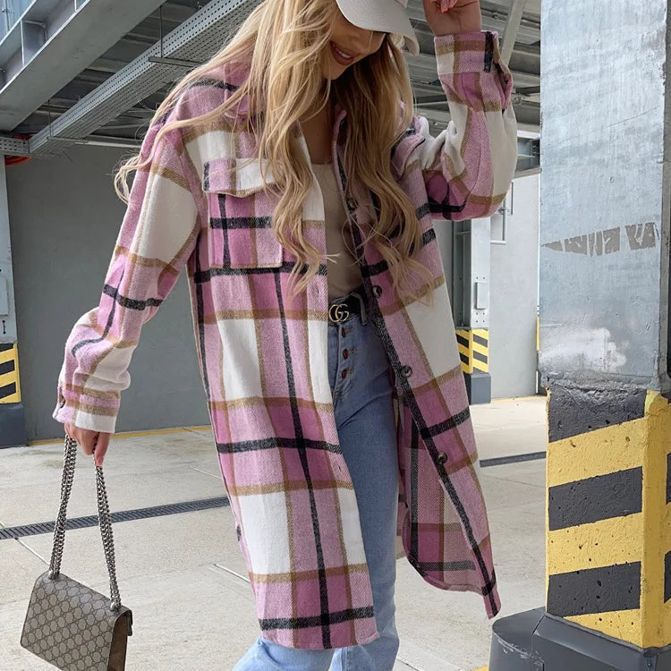 Versatile Mid-Length Plaid Long-Sleeved Jacket