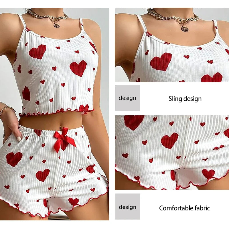 Heart-Shaped Print Round Neck Two-Piece Pajama Set