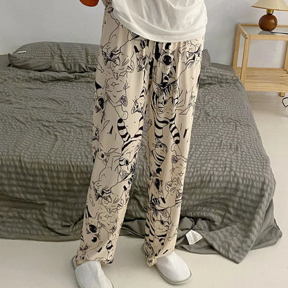 Cartoon Cat Print Pajama Pants