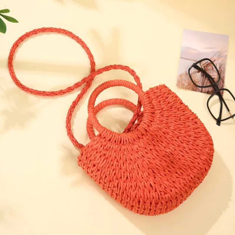 Handwoven Straw Half-Moon Beach Handbag Crossbody Shoulder Bag