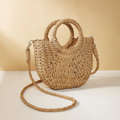 Handwoven Straw Half-Moon Beach Handbag Crossbody Shoulder Bag