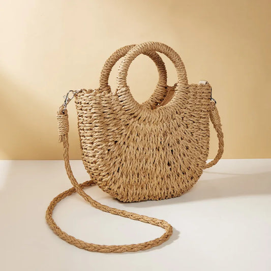 Handwoven Straw Half-Moon Beach Handbag Crossbody Shoulder Bag