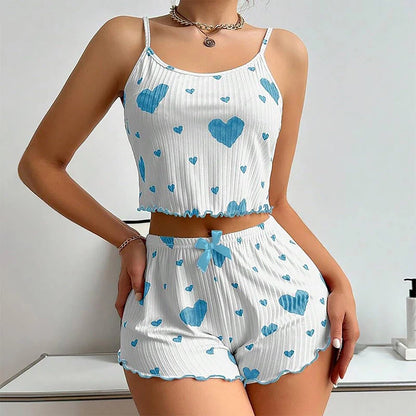 Heart-Shaped Print Round Neck Two-Piece Pajama Set