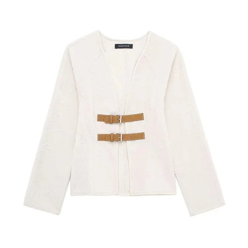 Vintage White Leather Buckle Wool Jacket