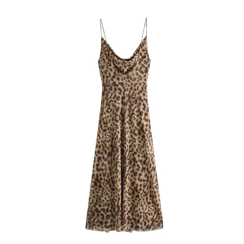 Vintage Leopard Print Backless Midi Dress