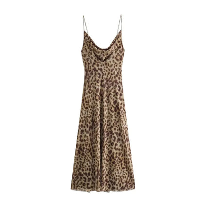 Vintage Leopard Print Backless Midi Dress