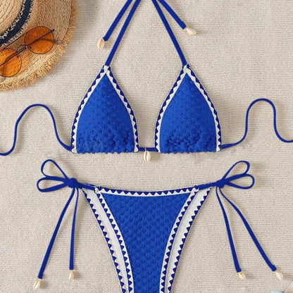 Halter Wrinkled Weave Side-Tie Bottom Bikini