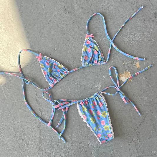 Floral Print Triangle Top Thong Bottom