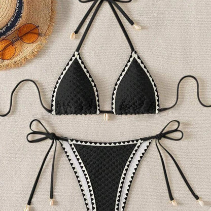 Halter Wrinkled Weave Side-Tie Bottom Bikini