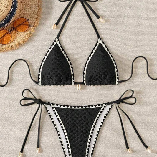 Halter Wrinkled Weave Side-Tie Bottom Bikini