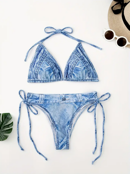 Denim Print Triangle Top Side-Tie Bikini