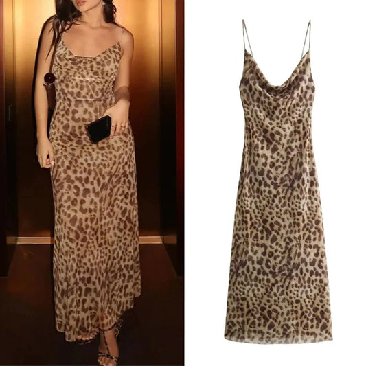 Vintage Leopard Print Backless Midi Dress