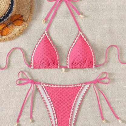 Halter Wrinkled Weave Side-Tie Bottom Bikini
